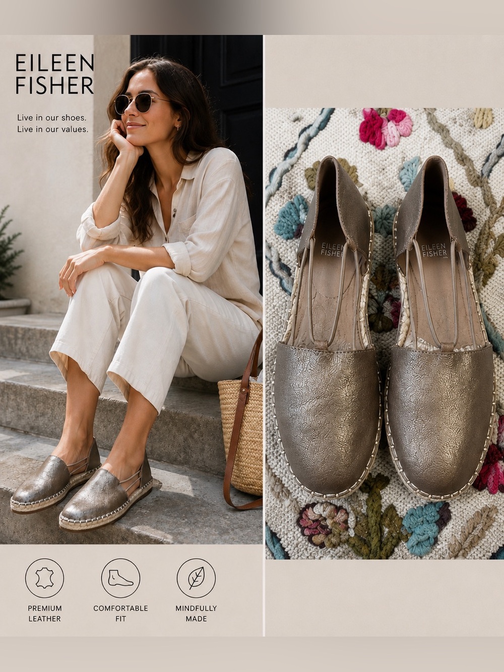 NWOT Eileen Fisher Metallic Taupe Leather D’Orsay Espadrilles